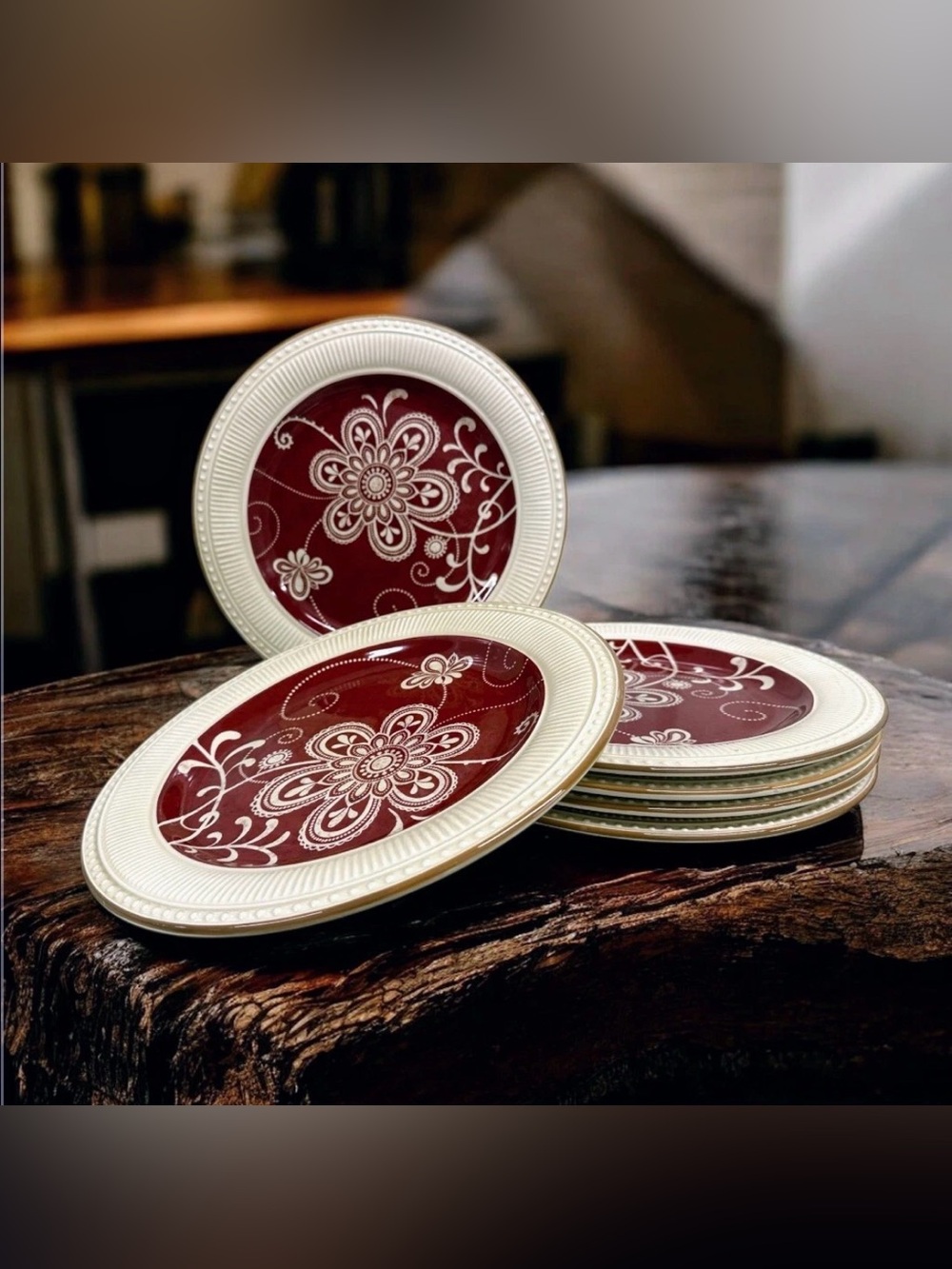 Pier 1 Imports Maribeth Set of 6 Dinner Plates 11” Red Floral Discontinued